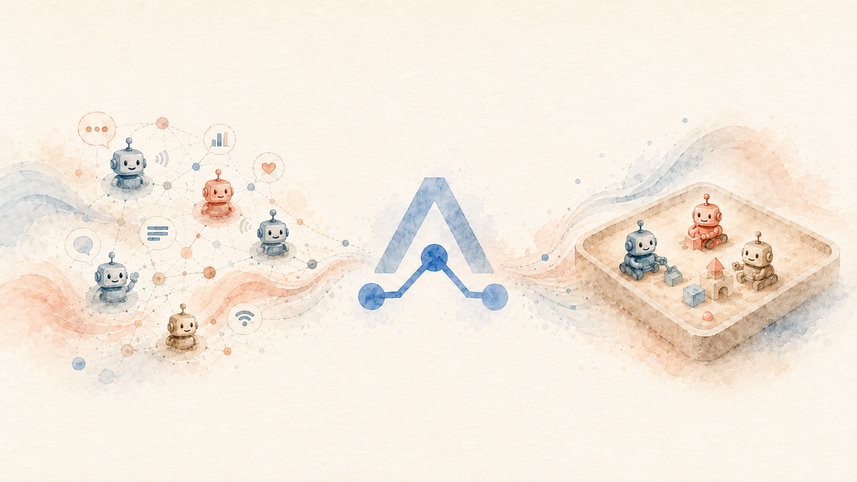 Watercolor illustration of small robots coordinating through a network, a central blue emblem, and robots building in a sandbox